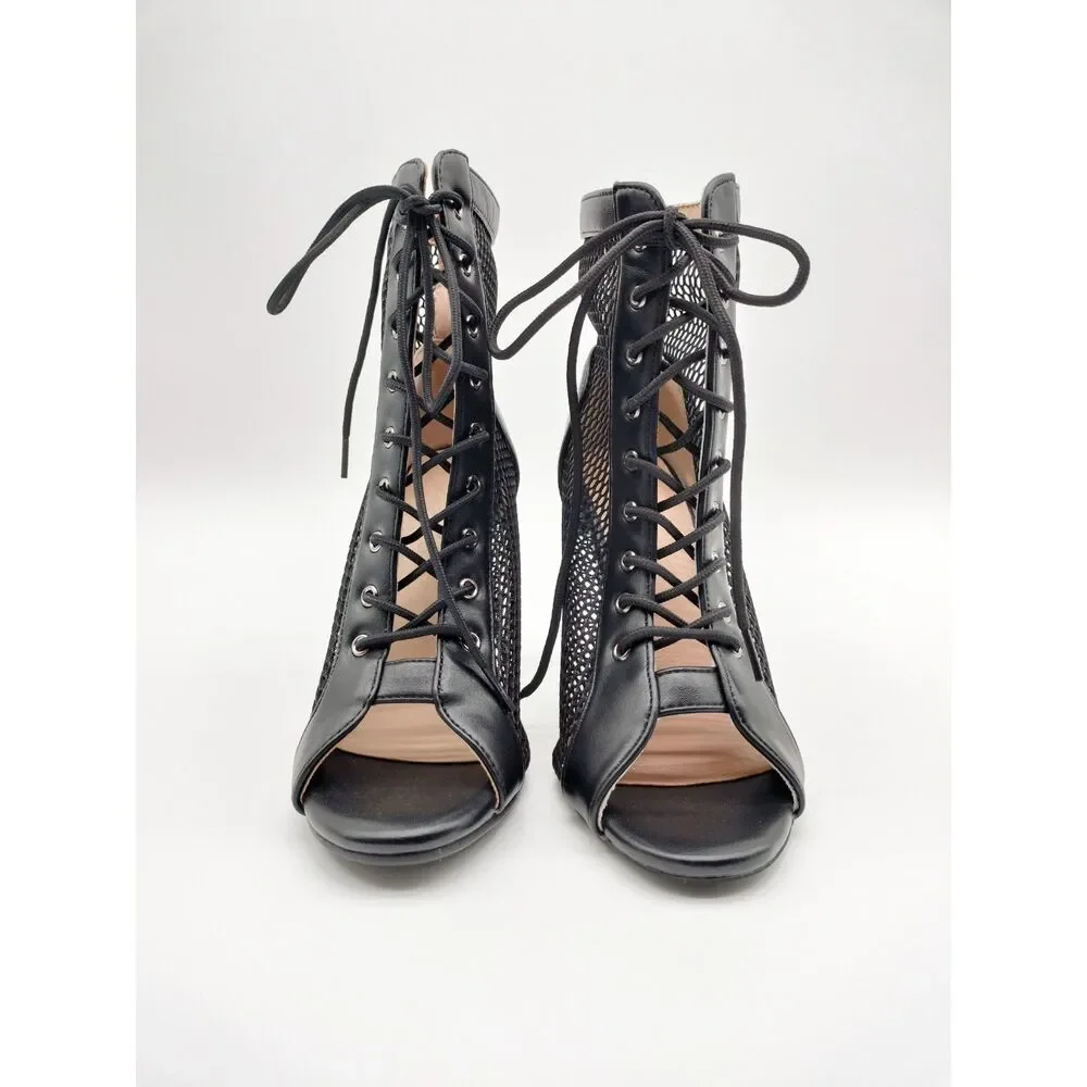 Dance and Sway Women's Size 6.5 Black Lace Up Mesh Stiletto Dance Ankle Booties